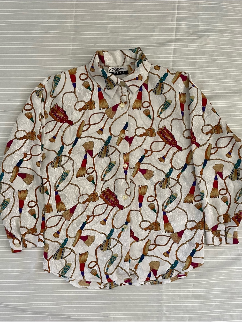 Marni White Button-Down Shirt L with Multicolor Tassel Print preppy retro